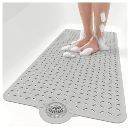 OTHWAY Bath Mat for Tub Non Slip: 39" X 17" Long Bathtub Mat with Hair Catcher│Big Drain Holes Shower Mats for Inside Shower│Machine Washable (Grey)