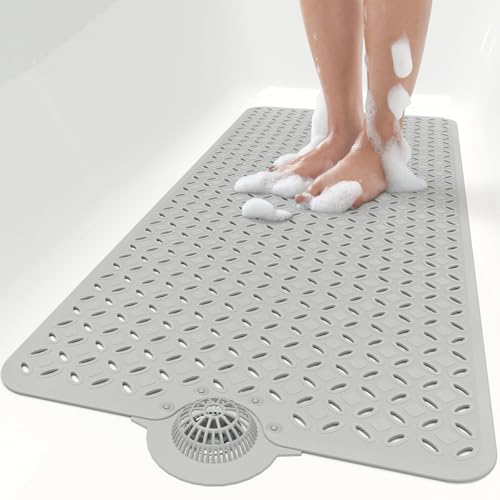 OTHWAY Bath Mat for Tub Non Slip: 39 X 17 Long Bathtub Mat with Hair CatcherBig Drain Holes Shower Mats for Inside ShowerMachine Washable (Grey)