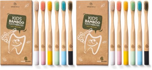 Image of GREENZLA 12 Pack Kids Bamboo Toothbrush | Soft Charcoal Bristles