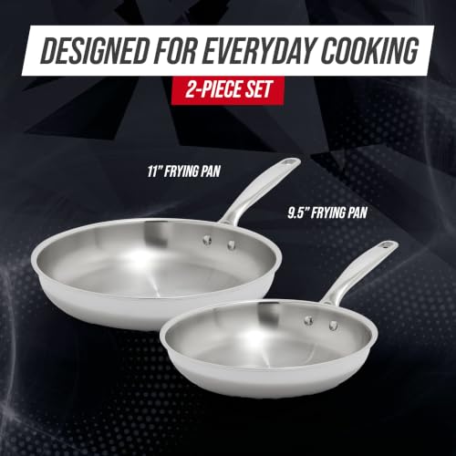 Image of Blue Diamond Pro Steel 2 Piece Tri-Ply Stainless Steel Frying Pan Set | 9.5 inch & 11 inch Multi Clad Skillets, Induction & All Stovetop Suitable, Mirror Polished Finish, Dishwasher Safe, Oven Safe to 850F