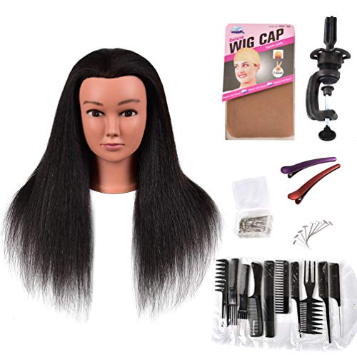 AMYGIRL Mannequin Head with Human Hair, Doll Head for Hair Styling Hairdresser Training Maniquins Head with Stand and Practice Tools (14