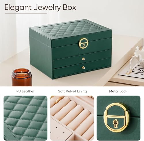 Image of Vlando 3 Layer Jewellery Organiser Box, Large PU Leather Jewelry Storage Case With Drawers, Earrings, Rings, Necklaces Holder | Luxury Jewellery Box For Women & Girls Gift (Green)