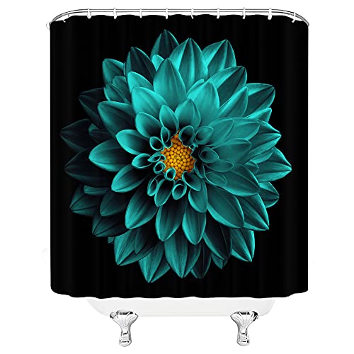 Blue Teal Dahlia Shower Curtain Black Background Multi Colorful Plant Modern Flower Turquoise Red Pink Yellow Blue Blooming Romantic Elegant Chic Simple Fashion Bathroom Decoration Polyester With Hook #TOP2