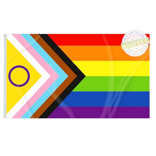AMZFLAG Intersex Progress Flagge, 1,2 x 1,8 m, für den Außenbereich, lebendige Farben, Regenbogenfarben, inklusive Pride-Flaggen für LGTBQ Community Support Gay