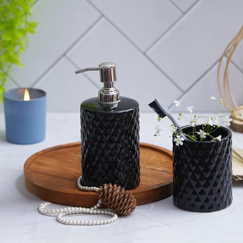 Image of Ceramic Bathroom Set of 2 Black Diamond Design | Soap Dispenser 330ml & Toothbrush Holder - Black
