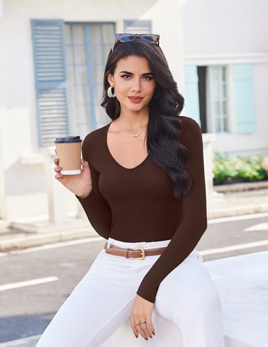 Ekouaer Deep V Neck Shirts for Women Low Cut Long Sleeve Tops Slim Fit Basic Cleavage Tees Deep Plunge Thermal Tshirts XS-XXL3