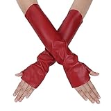 Aiphamy Womens Long Fingerless PU Leather Gloves Elegant Opera Mittens Gloves for Proms Halloween Cosplay Costumn Party (Red)