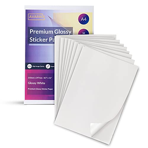 Avarrix Australia A4 Sticker Paper, Paper-Based Glossy White, 50 Sheets, Self Adhesive Premium Glossy Sticker Paper for Laser Printer Only, 80gsm Thickness Printable Label Sheets