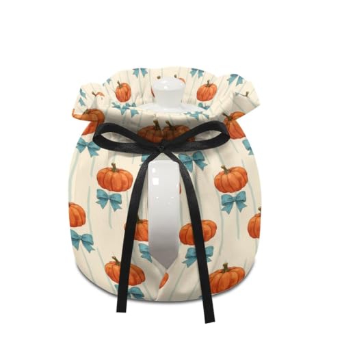 Image of Fall Pumpkin Tea Cosy for Kitchen Keep Warm Blue Bow Tea Kettle Dust Cover for Home Party Easy to Install Teapot Covers Gift for Fall