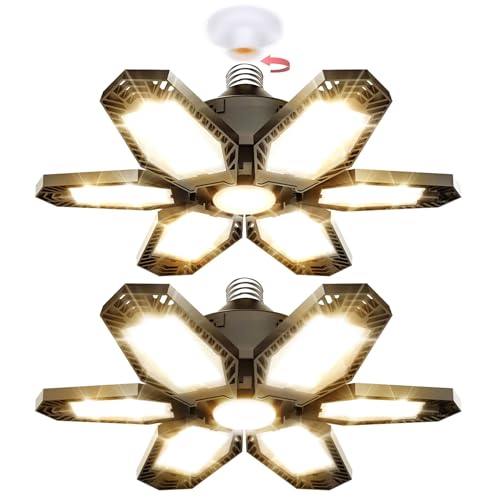 TANBABY 2 Pack Garage Light Warm 150W Led 3000k Garage Lighting 12000LM [Equivalent] Deformable Garage Light Ceiling with 6 Panels E26/E27 Base Illuminator 360 Basement Lights for Shop