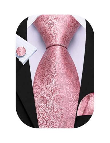 Barry.Wang Rose Gold Tie Sets for Men Silk Solid Necktie Stain Ties Handkerchief Pocket Square Cufflinks Wedding Business Dyed