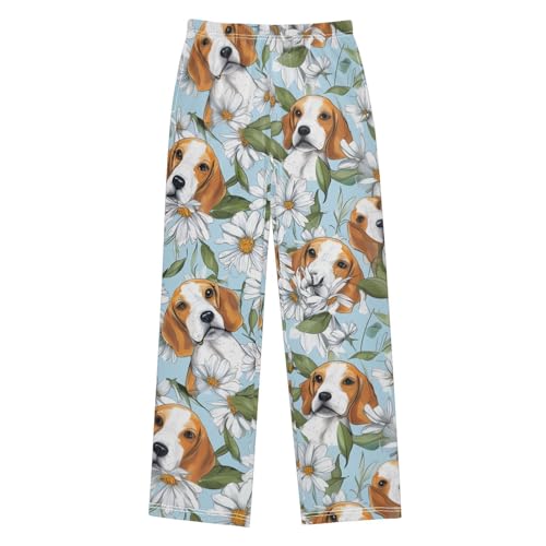 Beagle Daisy Flowers Boys Long Pants Soft Trousers Elastic Waist Kids Lounge Bottoms with Pockets S-XL