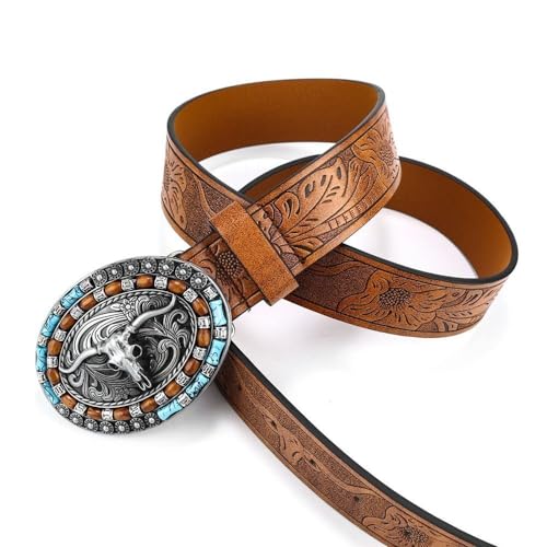 VERENIX Brown Western Cowboy Leather Belt for Men & Women, Vintage Turquoise Rivet Buckle, Large4