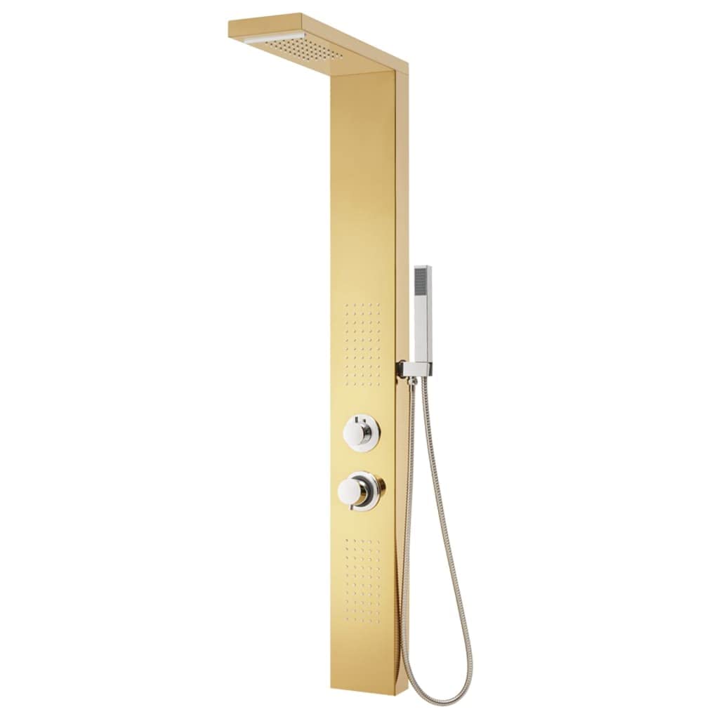 Sistema di pannelli doccia in acciaio inox 201 Golden con soffione a pioggia, cascata, ugelli massaggianti e doccetta, altezza 130 cm, regolabile e orientabile, per vasca da bagno, doccia e