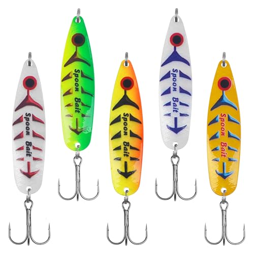 Tourt Fishing Spoons Lures Kit,5pcs Colorful Casting Spoon Spinner Fishing Lures with Treble Hooks Metal Trolling Spoon Bait for Bass Trout Pike Walleye 28g
