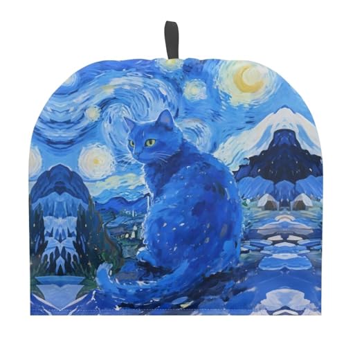 Image of Tea Cozy Starry Night Blue Cat Print Creative Insulated Tea Cosy Extra Thick Home Kitchen Decoration Creative Gifts Dust Teapot Cover Kitchen Accessories for Travel