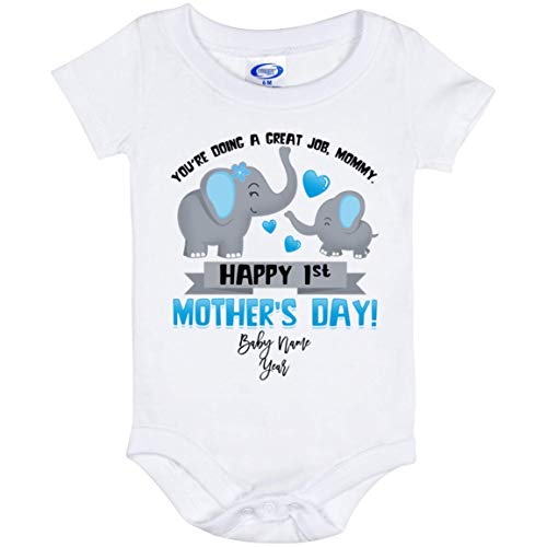 Happy 1st Mother's Day Elephant Custom Personalized Baby Onesie - Baby Infant Bodysuit, One Size, Baby Onesie - 06 Month/White