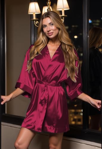Image of Turquaz Women's Bride Bridesmaids Robe - Satin Kimono Robes for Wedding & Bridal Party Silk Like Lightweight Robes for Women, Wine Red, Medium