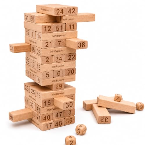 Image of MiniExplorer Toys & Games Wooden 54 pcs Tumbling Tower Party Game for Kids and Adults, Wooden Blocks with Dices Game|Indoor Stacking Puzzles Blocks for Families, Fun Balancing Toy for Boys & Girls