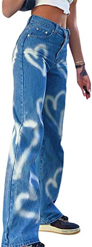 Damen Jeans mit hoher Taille, weites Bein, gerade, lockere Denim-Hose, Stretch, Baggy, Streetwear Jeans Gr. L, Herz-Aufdruck Cover