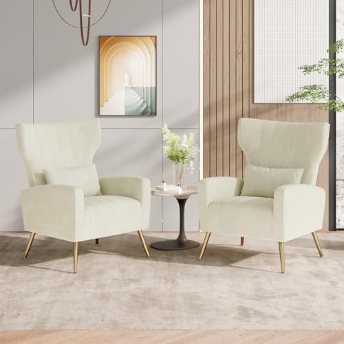Nalupatio Velvet Accent Chairs Set of 2 Modern High Back Armchair Arm Chair with Lumbar Pillow, High Back Upholstered Single Sofa Chair with Gold Metal Legs for Bedroom,Beige