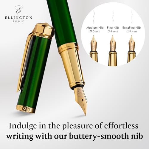 Image of Ellington Pens Luxury Fountain Pen Set - Smooth Medium Nib - Includes 3 Ink Cartridges, Refillable Ink Converter, Box - Fountain Pens For Writing, Calligraphy, Journaling, Sketching (Emerald Enigma)