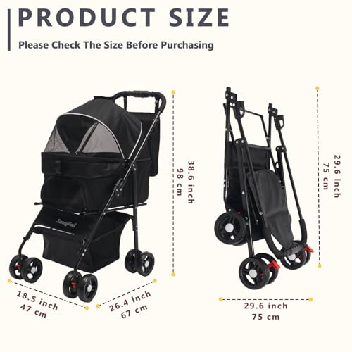 SUNNYFEEL Pet Stroller for Small Dogs and Cats, Iron Two-in-one Split, One-Click Foldable Dog Stroller, Holds up to 45 lbs, Storage Basket & Side Bag, Breathable Mesh, Black-pro