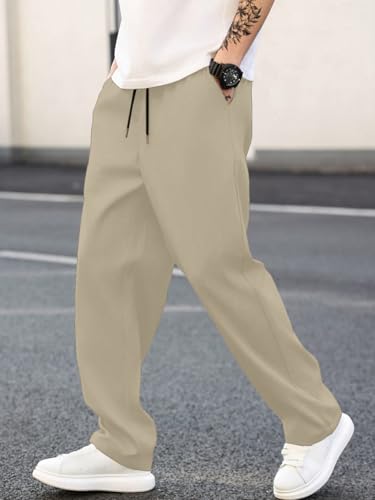 Image of MULAVRI Solid Drawstring Relexed Fit Modern Straight Leg Pants for Men's