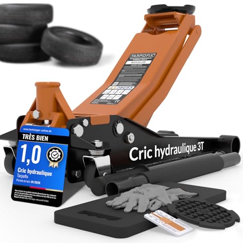 Tarpofix® Cric Hydraulique 3 tonnes (Hauteur de Levage 85-475mm) | Crique Hydraulique Auto 3t avec Double Vérin | Cric Voiture Extra Plat pour SUV & Véhicules Surbaissés | Crique Rouleur Professionnel