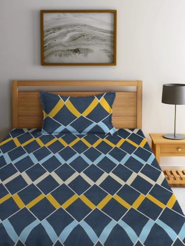 Image of LOOMLYFE 300 TC Cotton Feel Glace Elastic Fitted Printed Single Bed Bedsheet with 1 Pillow Cover Fits Upto 6 Inches Mattress,Size- 42X75X8 Inches, Navy Box