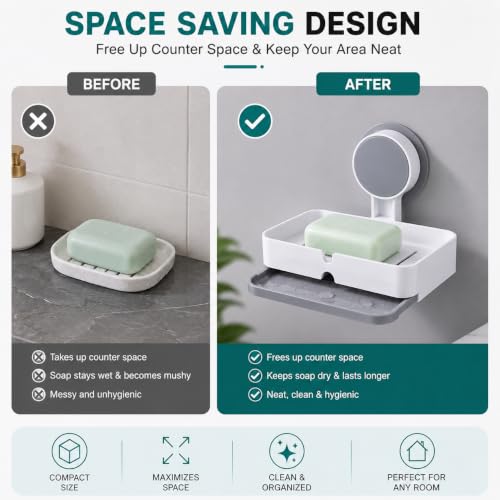 Image of Zollyss Self Adhesive Soap Holder for Bathroom & Kitchen | No Drill Wall Mounted Soap Dish with Drain Tray | Waterproof ABS Plastic