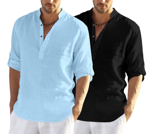 Image of FINIVO FASHION Men's Cotton Blend Solid Full Sleeve Combo Short Kurta Shirt, Regular Fit Solid Pattern Mandarin Collar Straight Kurta Shirt
