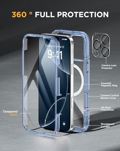 Image of Miracase Magnetic for iPhone 16 Pro Case Full-Body Phone with Built-in Glass Screen Protector, [Compatible with MagSafe] Military Drop Proof 16 Pro Cover Bumper 6.3 inch, Clear Blue