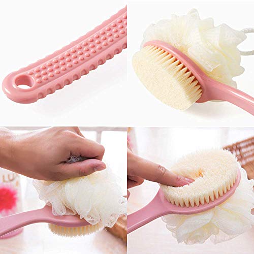 2 Pack Shower Body Brushes with Bristles and Loofah, Back Scrubbers Bath Mesh Sponge with Curved Long Handle for Exfoliating Skin, Massage Bristles Suitable for Wet or Dry, Men and Women (Blue & Pink) - 2