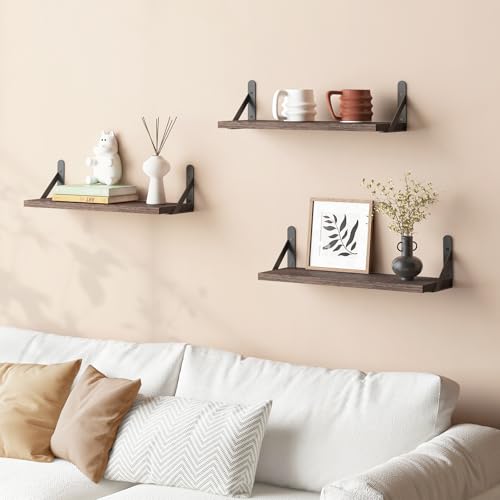 Image of YGEOMER Brown Floating Shelves for Wall, 16.5 Inch Farmhouse Wall Shelves for Bedroom, Bathroom Storage, Living Room and Kitchen Decor (Set of 6 Brown)