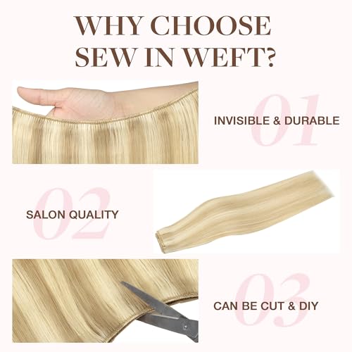 Image of GOO GOO Sew in Hair Extensions Real Human Hair, Weft Hair Extensions Human Hair, 18A /613A Dark Blonde Highlighted Bleach Blonde 22inch 110g, Weft Bundles Straight Silky Remy Hair