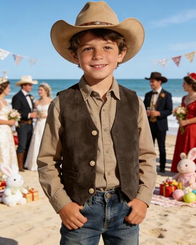 Image of Retro Boys Western Cowboy Vest for Kids Leather Suede Waistcoat | vintage dress vests, welt pockets, v-neck, adjustable waist, formal slim fit, wedding outfit, farm christmas birthday prom