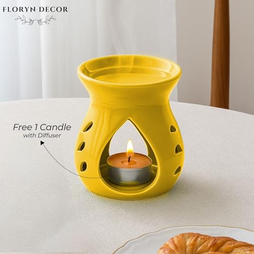 Image of Floryn Decor Ceramic Diffuser with Free 1 Tealight Candles | Home Fragrance, Spa, Office & Yoga | Aromatherapy Gift Set of 1 (Yellow)