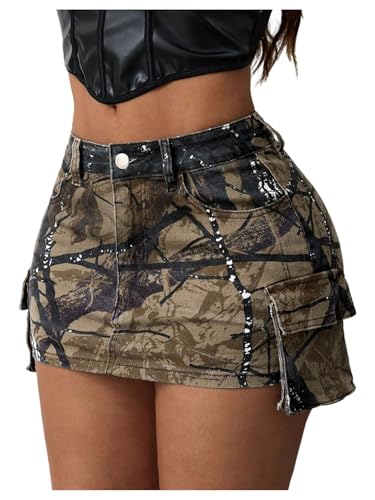 WDIRARA Women's Y2k Camo Print Mini Cargo Skirt Low Rise Bodycon Skirts with Flap Pockets Multicolor Medium