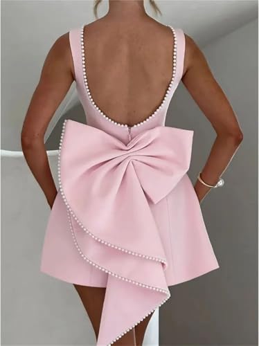 Womens Elegant Pearl Bow Backless Short Dress Sleeveless Slim A-Line Mini Dresses4