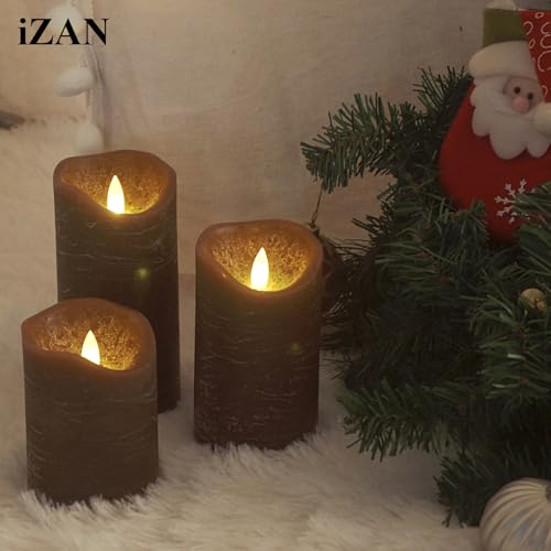 Image of iZAN 3 Pack Real Wax Flameless Candles Battery Operated LED Pillar Flickering Realistic Electric Candle Gift Sets with Remote Control and Cycling 24 Hours Timer 3 inchD X 4 inch 5 inch 6 inch H (Brown)
