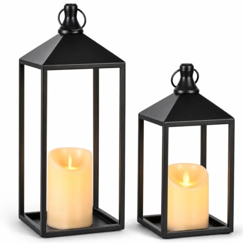 MATAHUM 2pcs Farmhouse Lantern Decor with LED Flickering Flameless Candles - Black Metal Lanterns Decorative for Home Decor Fireplace Mantle or Table Centerpiece Halloween Christmas Lantern Decor
