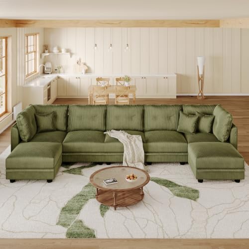 Image of LLappuil Modular Sectional Sofa with Storage, U-Shaped 7-Seat Corduroy Couch with 7 Throw Pillows, Pet-Friendly Convertible Sofa for Living Room & Apartment, Skin-Friendly, Green