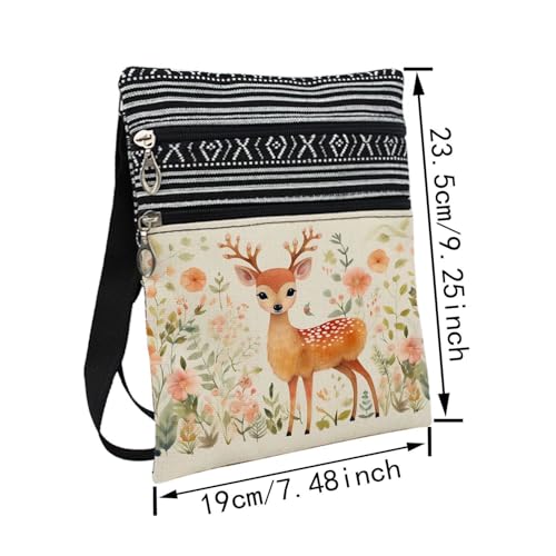 Floral Deer Messenger Bag Small Ethnic Pattern Printed Adjustable Strap Crossbody Zipper Bag Floral Deer Phone Bag Wallet Cute Shoulder Handbag for Women Friends -12