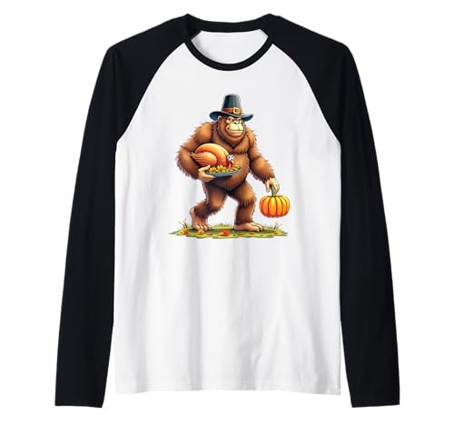 Bigfoot Pavo Peregrino Divertido Día de Acción de Gracias Humor Camiseta Manga Raglan