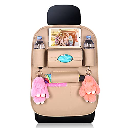 Gift2u Car Seat Back Protector Backseat Organizer Upgrade PU Leather Backseat Car Storage Bag Car Accessories Anti-kick Back Seat Protector Kick Mats with Tissue Holder for Traveling,Beige