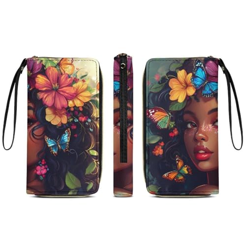African Am-erican Flower Black Women Leather Wallets for Women Large Capacity Zip Pocket Wallet with Cord3