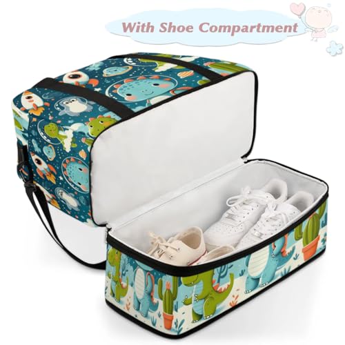 Travel Duffel Bags Cute Cartoon Dinosaur Foldable Weekender Bags for Women with Shoes Compartment Waterproof & Tear Resistant Carry on Overnight Luggage Duffel Bag Shoulder Sports Tote Bag4