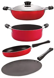 NIRLON Aluminium Nonstick Cookware Set, Red and Black - 4 Pieces