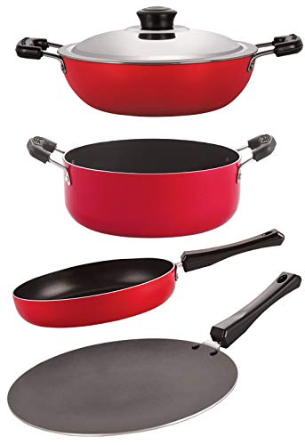 NIRLON Aluminium Nonstick Cookware Set, Red and Black - 4 Pieces